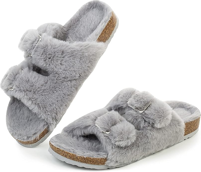 FITORY Womens Open Toe Slipper with Cozy Lining,Faux Rabbit Fur Cork Slide Sandals Size 6-11 | Amazon (US)