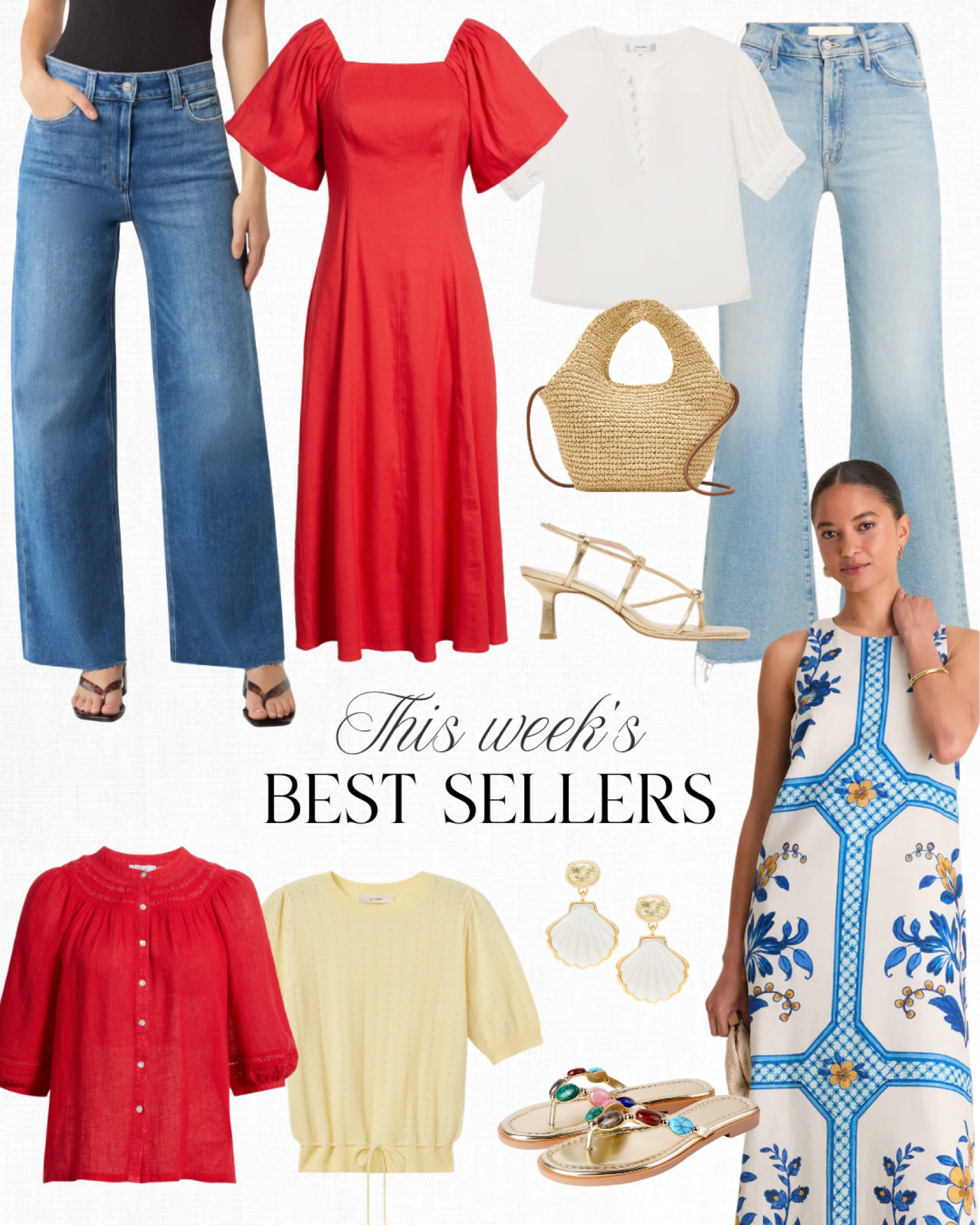 My favorite Mother jeans continue to make the list of best sellers and I love that this pair comes in petites. We're seeing pops of red everywhere in fashion right now and a few of my favorite pieces: this pretty red dress, this Rails blouse that is already sold out at Nordstrom (more sizes below) and this fun J.Crew raffia bag. I also love these sandals that look like this designer version... obsessed! 

#LTKSeasonal #LTKOver40