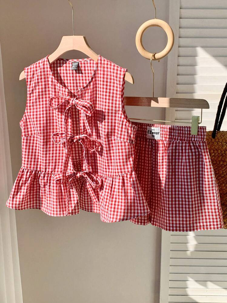 Comfortcana Summer Red Plaid Front Tie Bow Top And Shorts Set | SHEIN