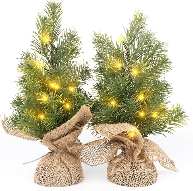 Set of 2 Mini Christmas Tree, 12 in Pre-lit Tabletop Xmas Decorations with 8 Warm LED Lights, Bat... | Amazon (US)