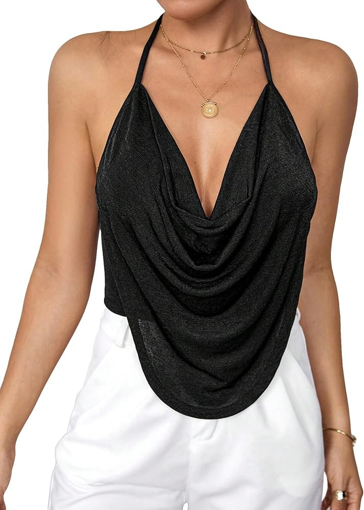 SOLY HUX Women's Cami Tops Cowl Neck Halter Backless Crop Top Draped Front Tops | Amazon (US)