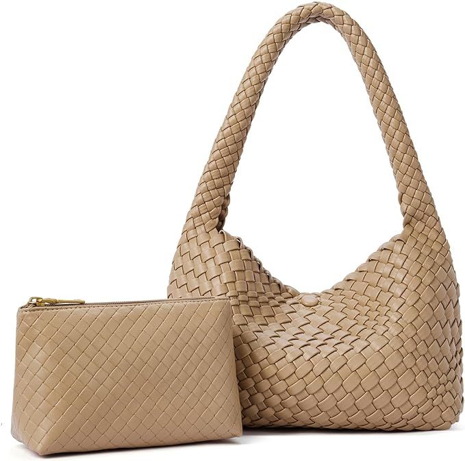 Woven Shoulder Bag for Women，Vegan Leather Purse Tote Handbag 2PS | Amazon (US)