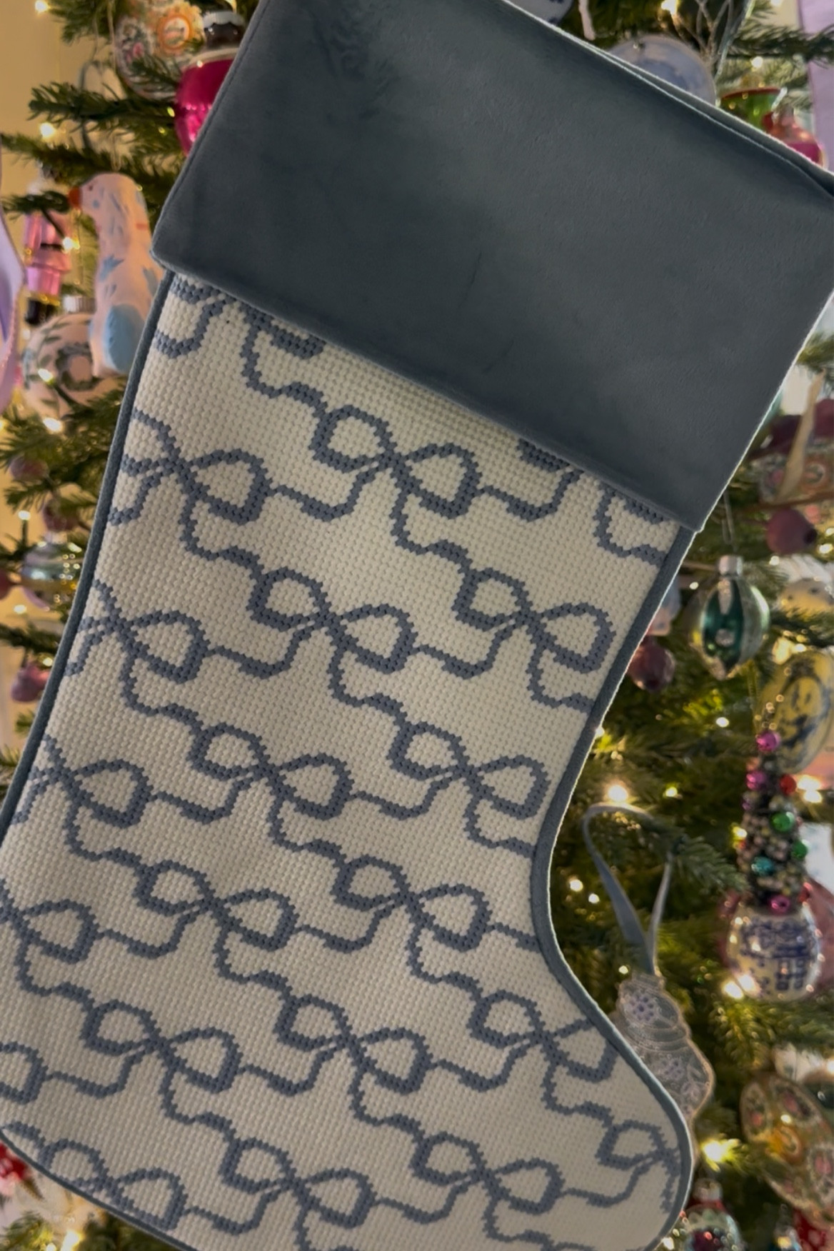 Blue bows needlepoint stocking 