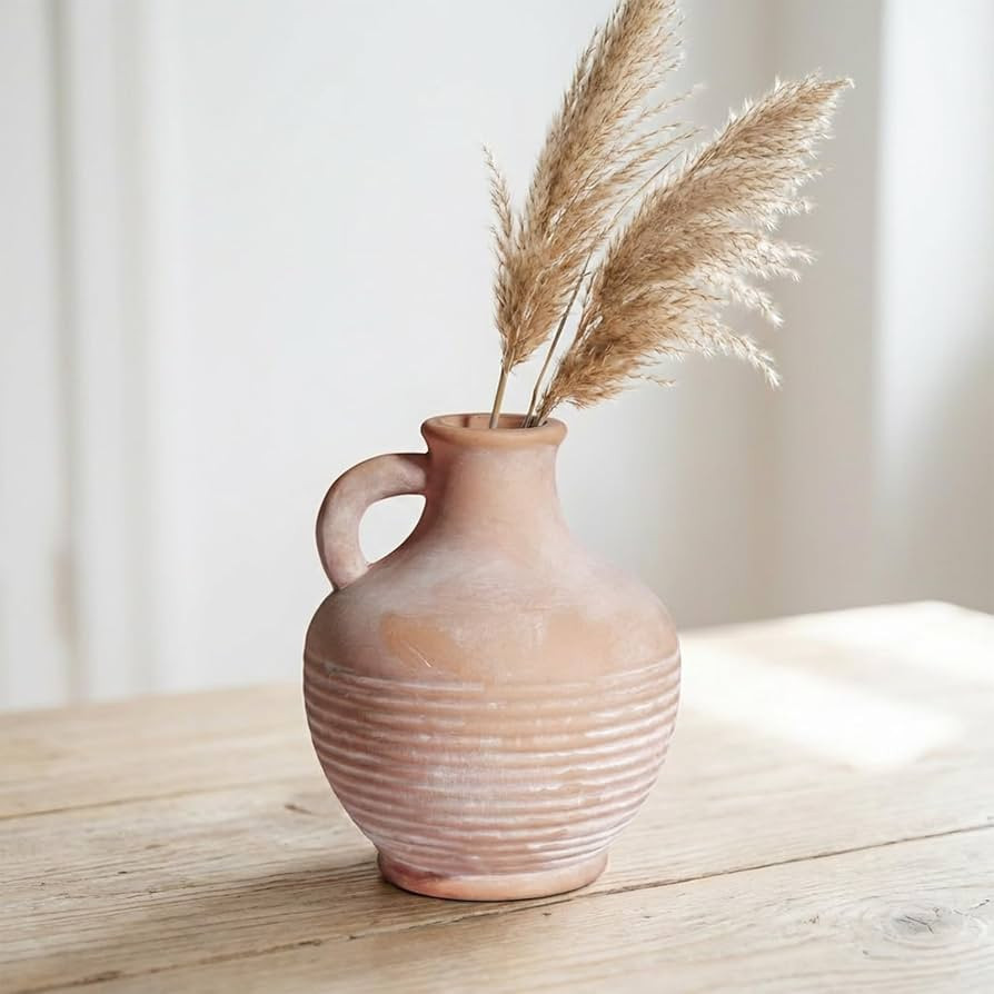 Ceramic Flower Vase with Handle, 6 inch Rustic Terracotta Vase, Vintage Clay Pottery, Farmhouse D... | Amazon (US)