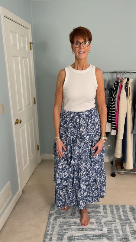 Abercrombie try on
Blue floral tiered maxi skirt paired with a ribbed knit fitted tank from Banana Republic
Wearing a medium tall in the skirt and a medium in the tank

Over 50 fashion, tall fashion, workwear, everyday, timeless, Classic Outfits

Hi I’m Suzanne from A Tall Drink of Style - I am 6’1”. I have a 36” inseam. I wear a medium in most tops, an 8 or a 10 in most bottoms, an 8 in most dresses, and a size 9 shoe. 

fashion for women over 50, tall fashion, smart casual, work outfit, workwear, timeless classic outfits, timeless classic style, classic fashion, jeans, date night outfit, dress, spring outfit

#LTKover40 #LTKworkwear #LTKstyletip