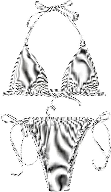 Cozyease Women's 2 Piece Sets Sexy Striped Bathing Suits Triangle Halter Bikini Swimsuit | Amazon (US)
