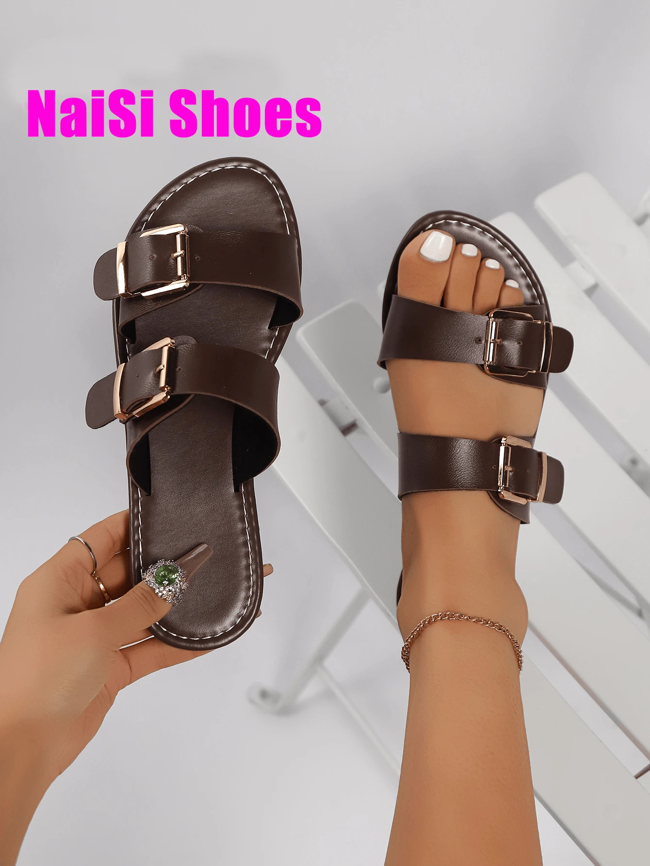 Women Strap Flat Sandals With Double Buckle, Fashion Spring/Summer/All Season French Style Casual... | SHEIN