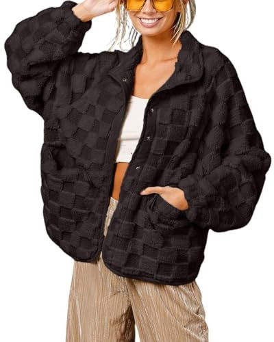 chouyatou Women Winter Casual Checkered Fleece Jacket Fuzzy Oversized Sherpa Jacket Shacket Faux Fur Coat (XX-Large, Black) | Amazon (US)