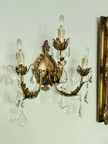 Gold Gilded 3 Arm Wall Candle Sconce French Regency Vintage 18 Prism 21x23x10” | eBay US