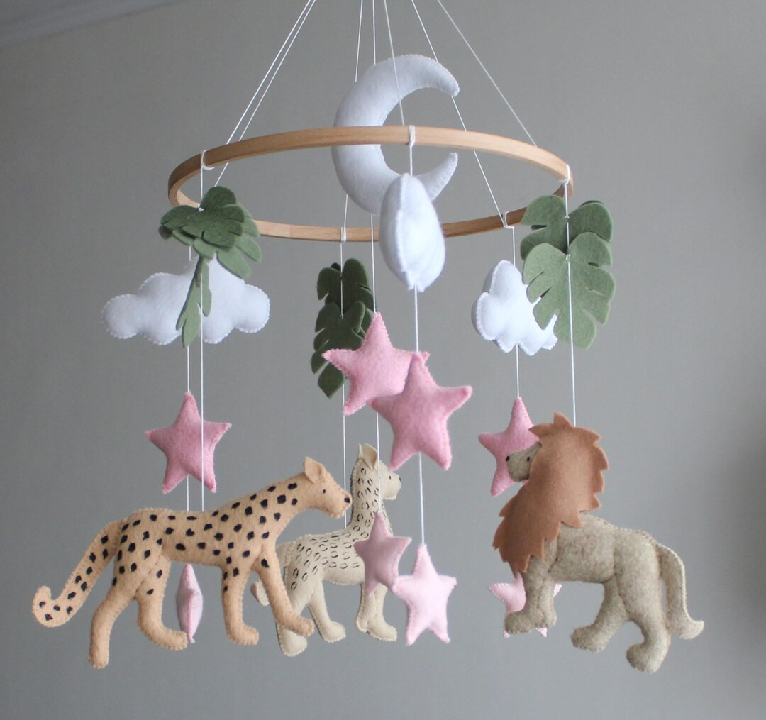 Safari Jungle Baby Mobile, Handmade Felt Crib Mobile for Baby Girl Nursery, Felt Lion Jaguar Chee... | Etsy (US)
