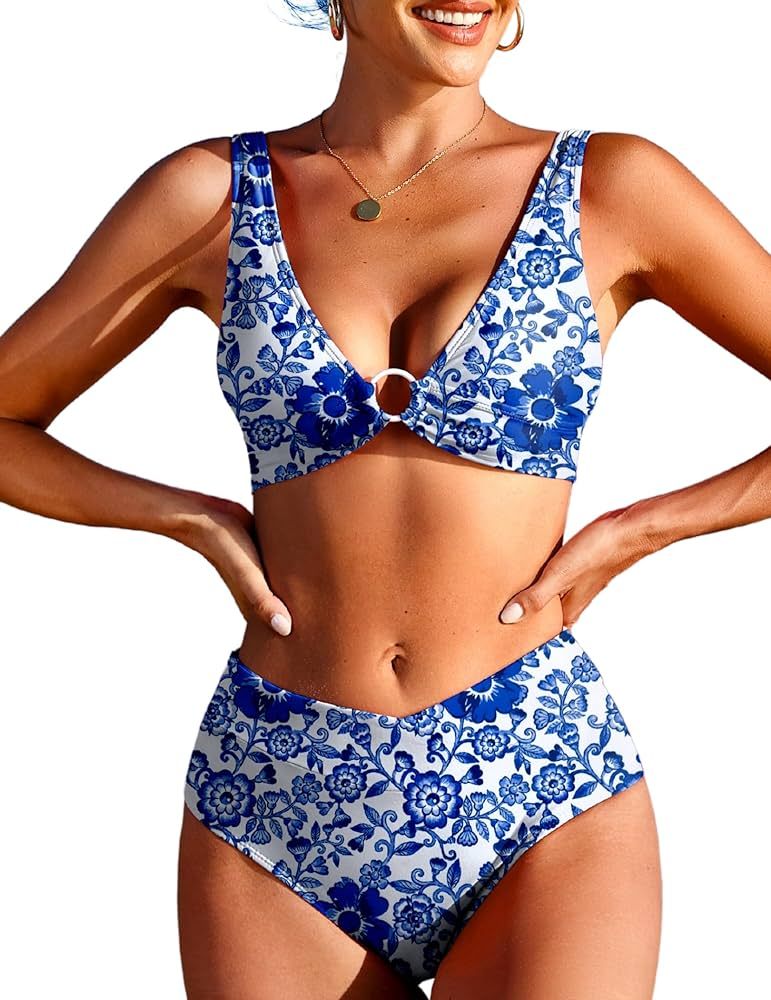 AI'MAGE Women's Bikini Set O-Ring Swimsuits Two Piece High Waisted Bathing Suits V Cut Bottom | Amazon (US)