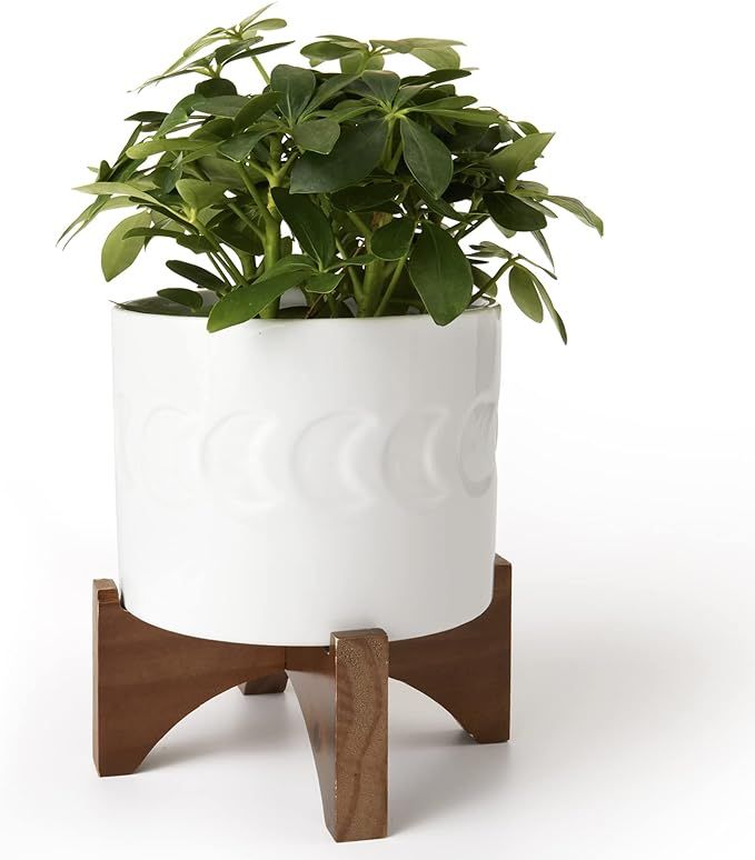 White Ceramic Plant Pot with Stand - 6.3 Inch Crescent Moon Embossed Cylinder White Indoor Flower... | Amazon (US)