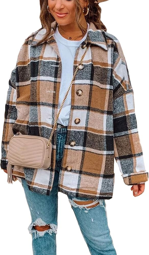 Qiaomai Womens Retro Wool Blend Plaid Long Sleeve Lapel Button Short Shackets Coats | Amazon (US)