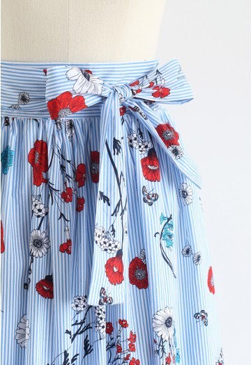 Floral Scene with Stripes Midi Skirt in Blue | Chicwish