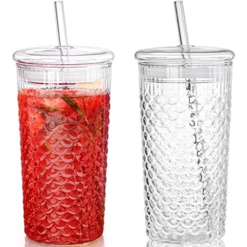 Tlence 2 Pack Glass Tumbler Cup With Lids and Straws, 25 OZ High Borosilicate Iced Coffee Cup, Embossed Fish Scale Glass Travel Mug for Smoothie Bubble Tea Juice Milk Water | Amazon (US)