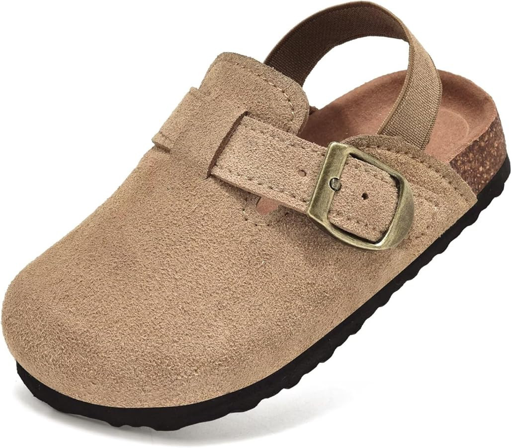 Kids Suede Clogs Boys Girls Mules Cork Genuine Leather Sandals with Adjustable Buckle Slippers Po... | Amazon (US)