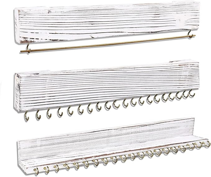 Large Wall Mounted Hanging Jewelry Organizer Set of 3, White Wall-Mounted Wood Necklace Holder wi... | Amazon (US)