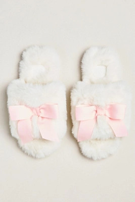 Maeve Faux-Fur Open-Toe Bow Slippers | Anthropologie (US)