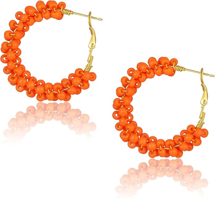 Colorful Fun Beaded Earrings for Women，Boho Flower Hoop Earrings，Exquisite Handmade Beaded Ea... | Amazon (US)