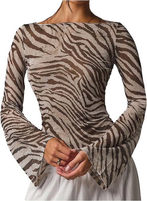 MakeMeChic Women's Animal Zebra Print Top Y2k Sheer Mesh Bell Sleeve Top | Amazon (US)