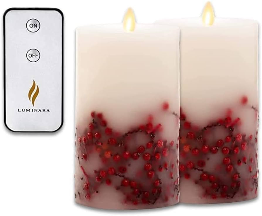 Luminara Set of 2 - Flickering Flameless Red Berry Inclusions, Recessed Edge Smooth Wax Unscented... | Amazon (US)