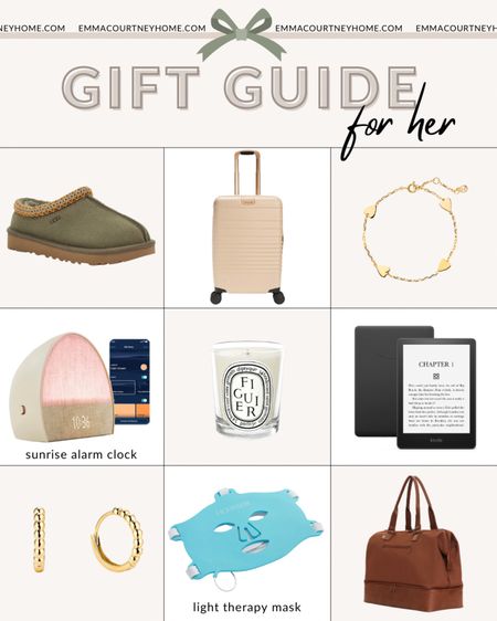 Gift guide for her for 2023, there’s a little something for everyone! The viral ugg slippers (they come in a few colours), the popular beis suitcase, the sunrise alarm clock (on my list), designer candle, kindle reader (also on my list), gorgeous gold hoop earrings, a weekend/carry on bag, and finally a light therapy mask 

#LTKGiftGuide #LTKHoliday
