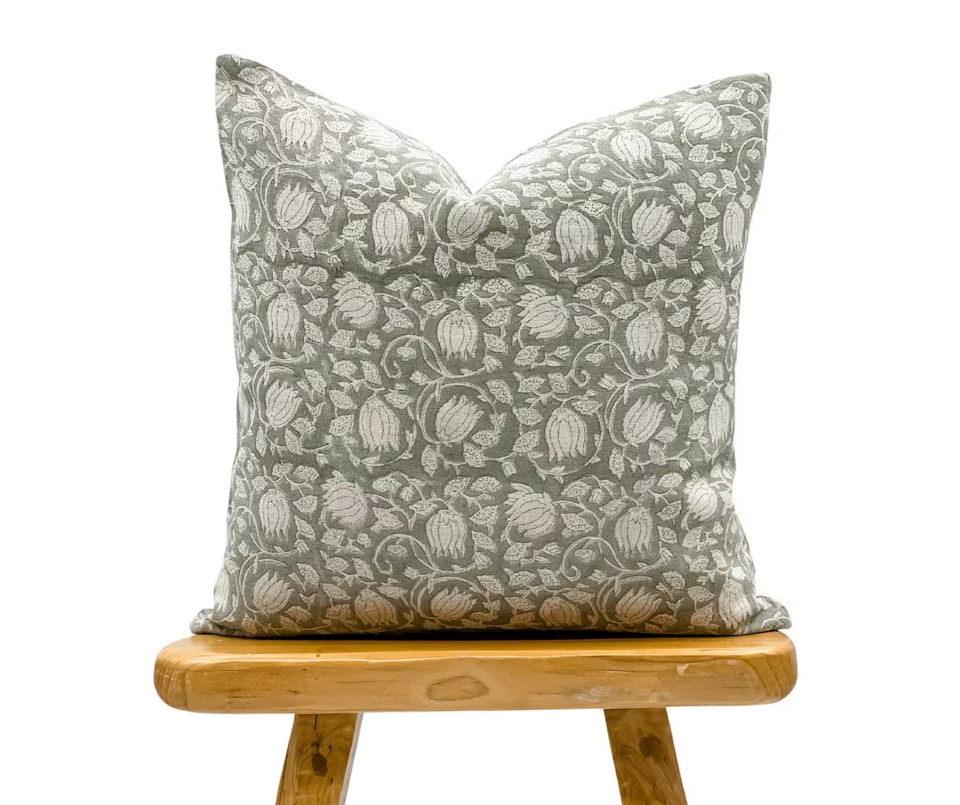 Designer Grey Green Floral Design on Natural Linen Pillow Cover, Sage Green Pillow Cover, Boho Pi... | Etsy (US)