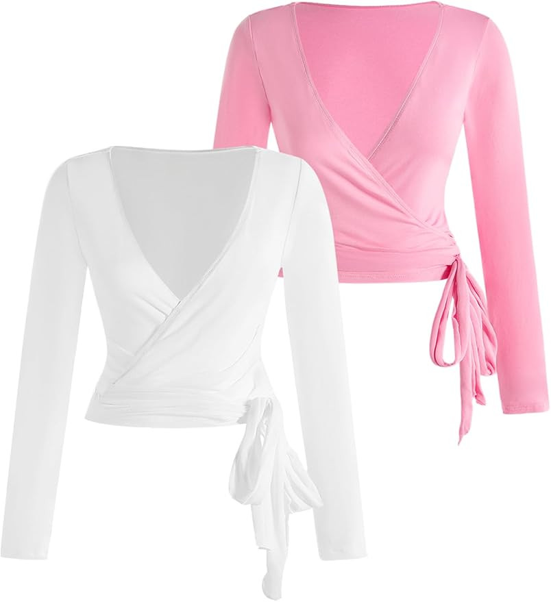 SweatyRocks Women's Pilates Outfits Wrap Tops Ballet Yoga Coquette Shirt Cute Long Sleeve Workout... | Amazon (US)