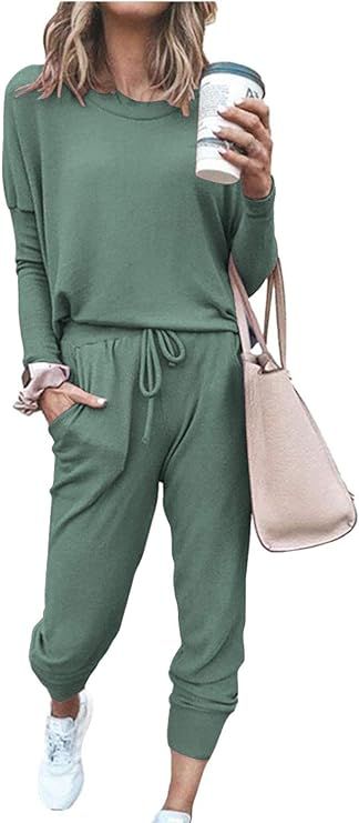 PRETTYGARDEN Women’s Solid Color Two Piece Outfit Long Sleeve Crewneck Pullover Tops And Long P... | Amazon (US)