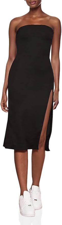 Floerns Women's Solid Strapless Bandeau Tube Split Thigh Bodycon Midi Dress | Amazon (US)