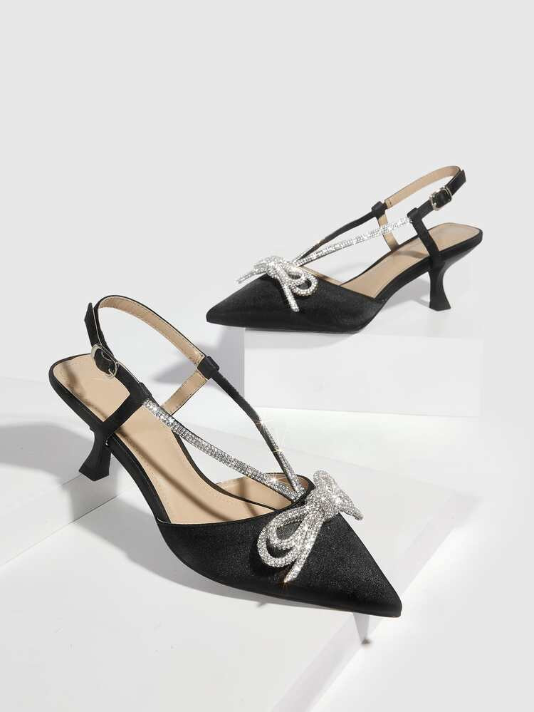 CUCCOO Trending Women Rhinestone & Bow Decor Point Toe Pyramid Heeled Pumps, Glamorous Satin Slin... | SHEIN