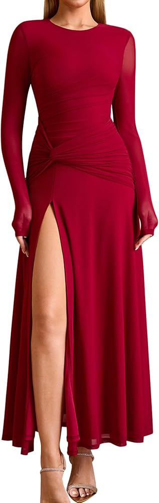 KUTUMAI Long Sleeve Slit Formal Dresses for Women 2025 Fall Wedding Guest Cocktail Party Modest R... | Amazon (US)