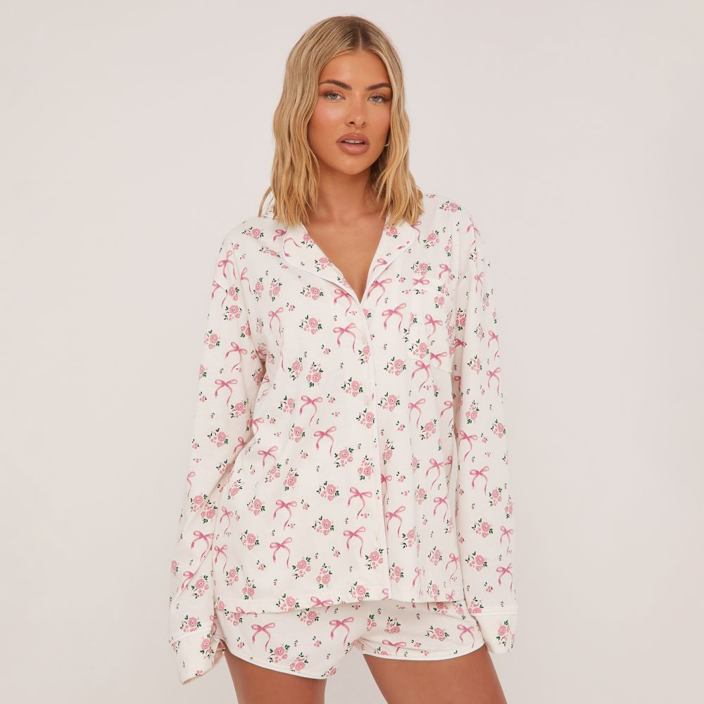 Floral And Bow Printed Short Sleeve Shirt And Shorts Pyjama Set In White | EGO (UK)