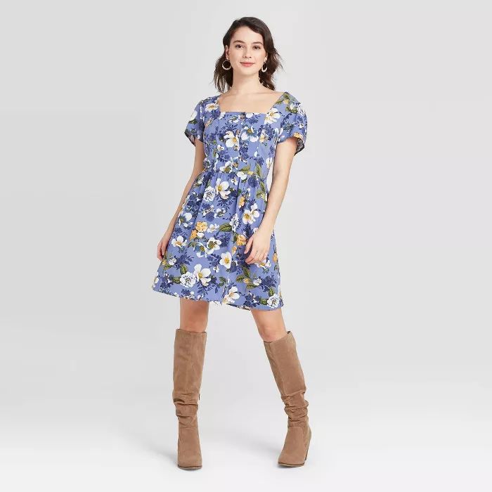Women's Floral Print Short Sleeve Button-Front Mini Dress - Xhilaration™ Blue | Target