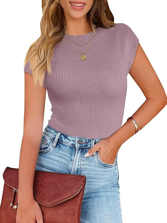 TECREW Women's 2024 Summer Cap Sleeve Crew Neck T Shirts Slim Fitted Rib Knit Casual Tee Tops | Amazon (US)