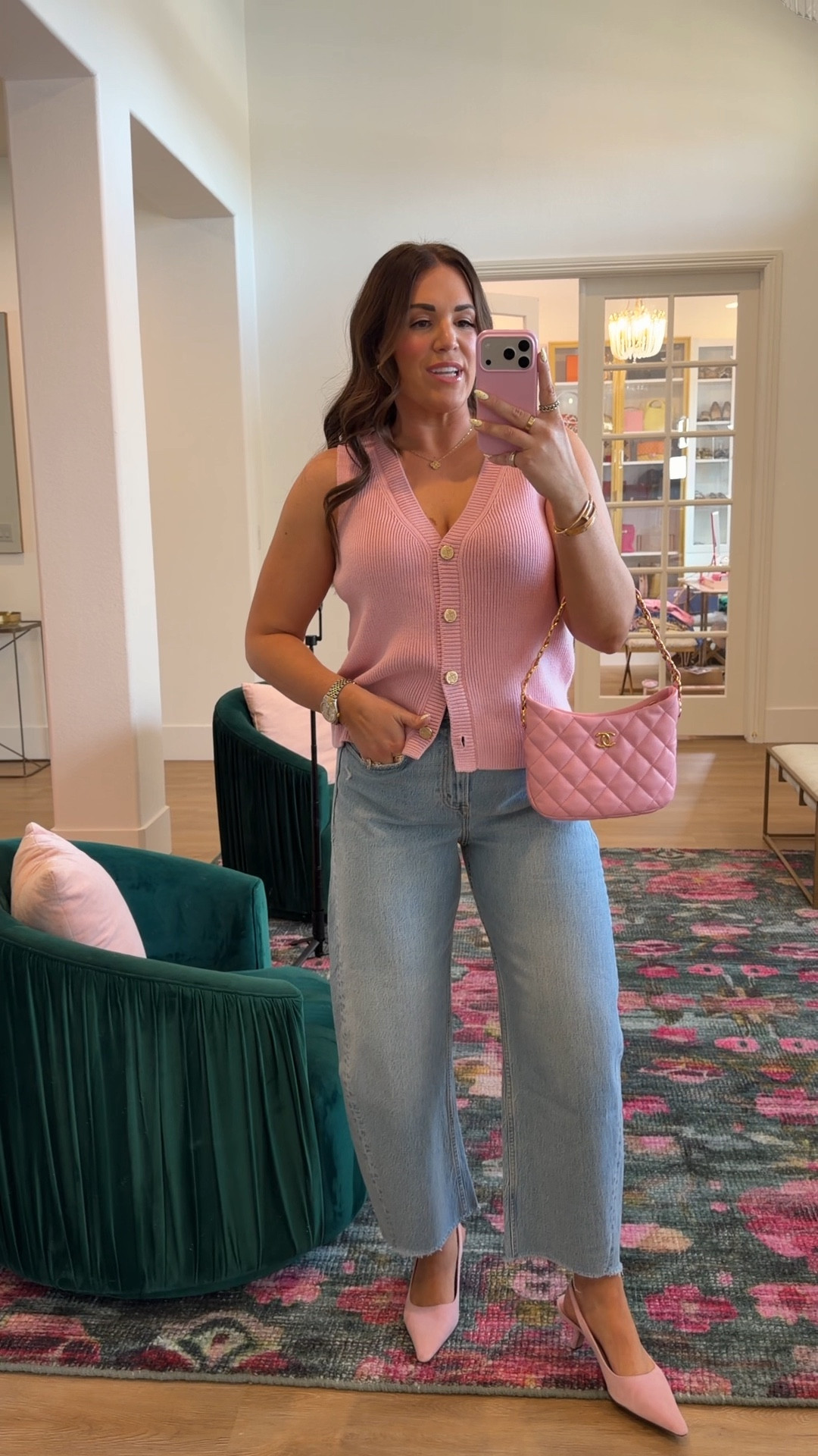 curvy midsize pink look for spring! wearing size large in pink sweater vest and size 29 in light barrel denim. love the gold buttons on the top! 

#LTKMidsize #LTKSeasonal
