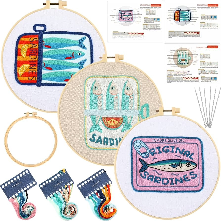 Mindsoft 3 Sets Sardine Embroidery Kit with Embroidery Hoop Easy Pattern Needlepoint Kit for Beginners and Adults Hand Crafts Needlepoint Set with Needles Thread and Instruction | Amazon (US)