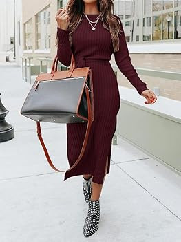 PRETTYGARDEN Women's Long Sleeve Crewneck Two Side Slit Tie Waist Slim Fit Sweater Dress Ribbed K... | Amazon (US)
