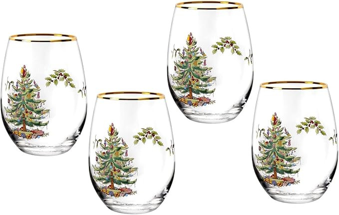 Spode Christmas Tree 19oz Stemless Wine Glasses, Set of 4 - Vintage-Inspired Holiday Drinkware wi... | Amazon (US)