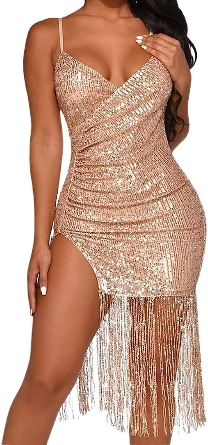 CLAUBTY Women Tassel Deep V Neck Slip Dress Backless Off Shoulder Sequin Sexy Dresses Spaghetti S... | Amazon (US)