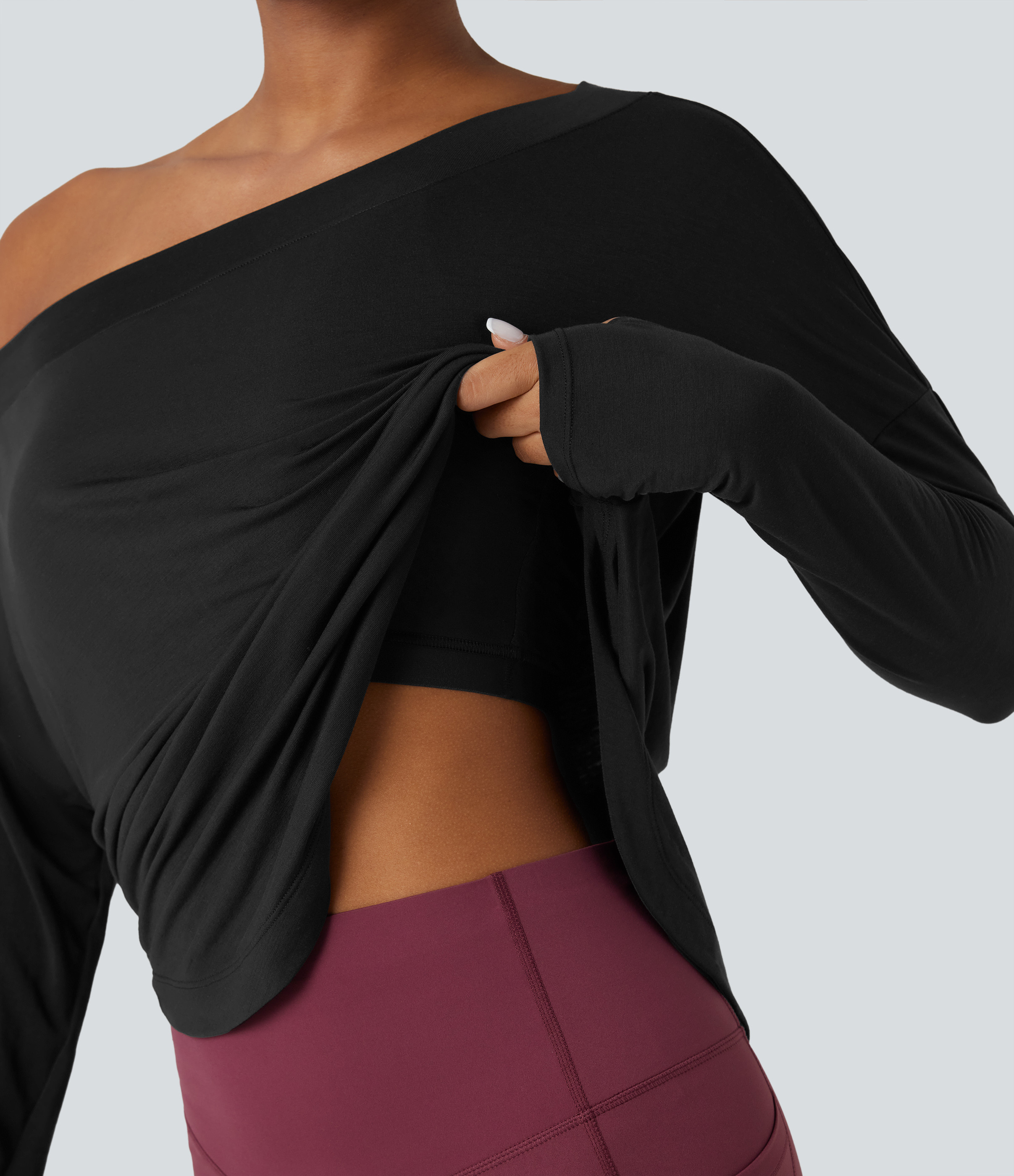 Halara One Shoulder Long Sleeve Thumb Hole Curved Hem High Low Quick Dry Yoga Sports Top-Built-in Bra  - Black - M | HALARA