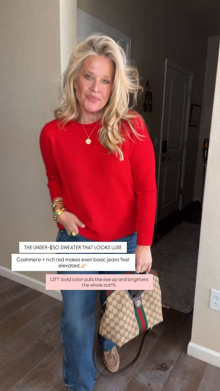 ✨Tap the bell, save and ❤️ start here over 40 fashion, midlife style, midsize fashion and luxury looks for less.  

⬇️Sizing information:
Large sweater (size up if in between sizes.)
Jeans 12 tts (size up if in between sizes.)

RED CASHMERE SWEATER

THE UNDER-$50 SWEATER THAT LOOKS LUXE

Cashmere + rich red makes even basic jeans feel elevated.

LIFT: bold color pulls the eye up and brightens the whole outfit.

👑 Helping you look good, feel good.-Lindsey Denver   Check back daily for belly-friendly style, confidence, and Outfit Physics™.

#LTKOver40 #LTKMidsize #LTKPlusSize