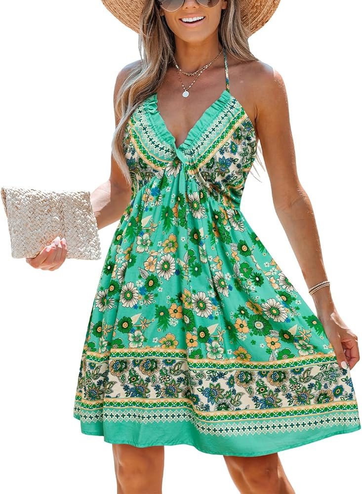 CUPSHE Women's Backless Halter Beach Dress Boho Ruffle Plunge V Neck Mini Sundress Summer Dresses | Amazon (US)