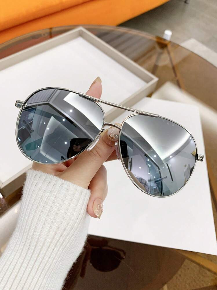 1 Pair Women's Metal Oval Frame Retro Double Bridge Fashion Aviator Glasses, Suitable For Beach Vacation, Women, Summer Beach Vacation, Outdoor, Travel | SHEIN