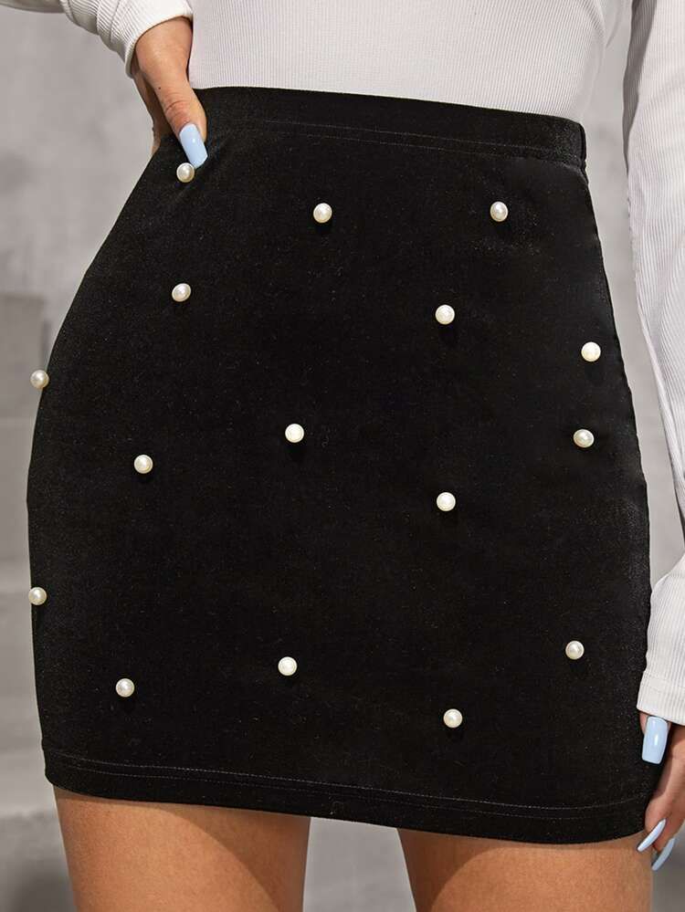 SHEIN BAE Pearls Beaded Velvet Skirt | SHEIN