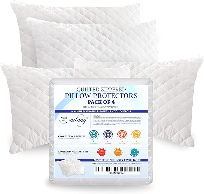 Eutony Pillow Protectors 4 Pack Quilted Zipped - Ultra Luxe Zipped Pillow Protectors, Quilted Pil... | Amazon (UK)