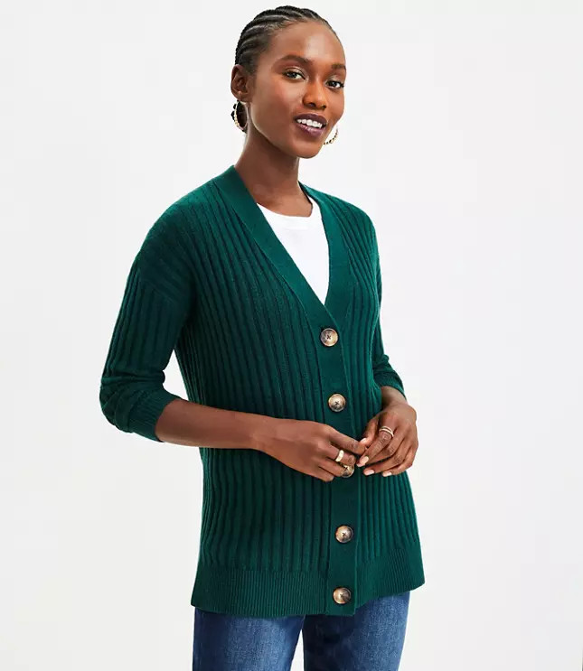 Ribbed Relaxed V-Neck Cardigan | LOFT