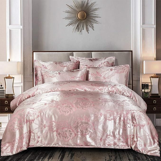 Erosebridal Pink Silk Duvet Cover Set Queen Size Silk Like Satin Luxury Comforter Cover Set Flowe... | Amazon (US)