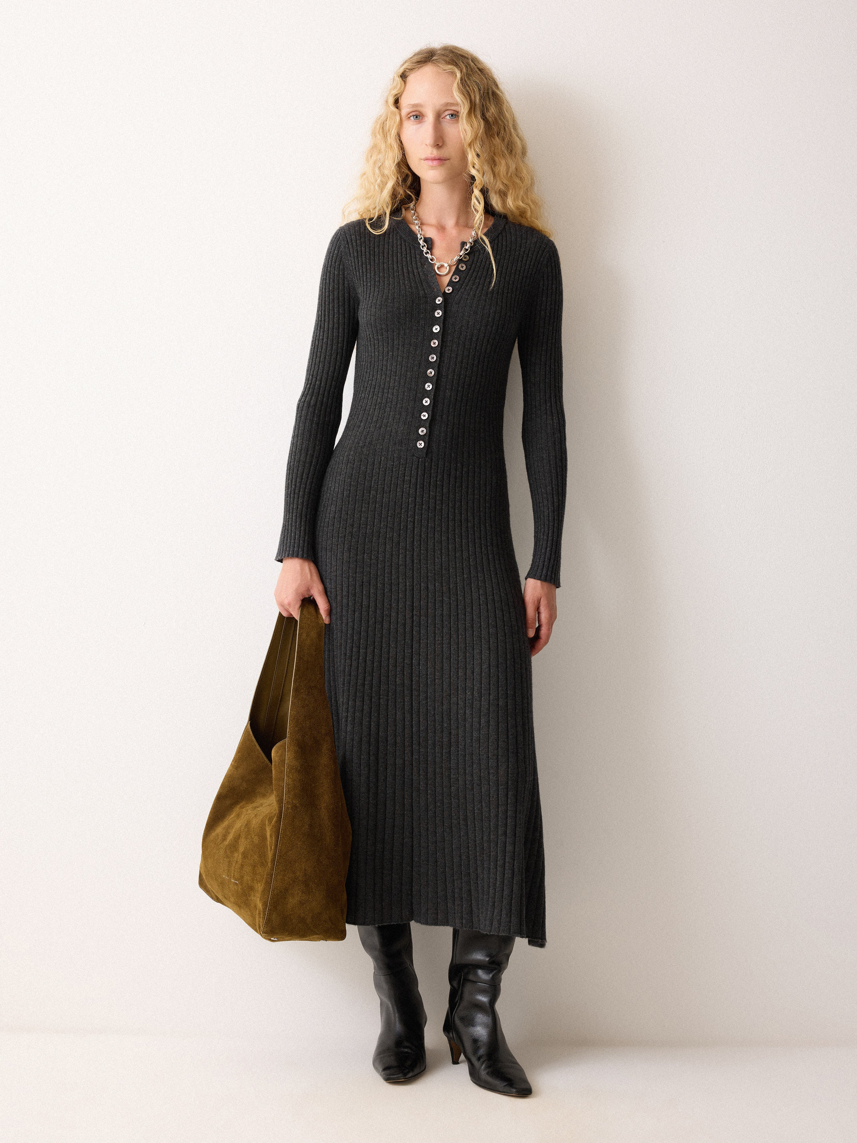Multi Button Rib Knit Dress | Charcoal | Jigsaw (UK)
