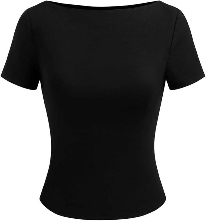 CIDER Womens Fitted Tshirt Short Sleeve Basic Crop Shirt Boat Neck Tight Tops | Amazon (US)
